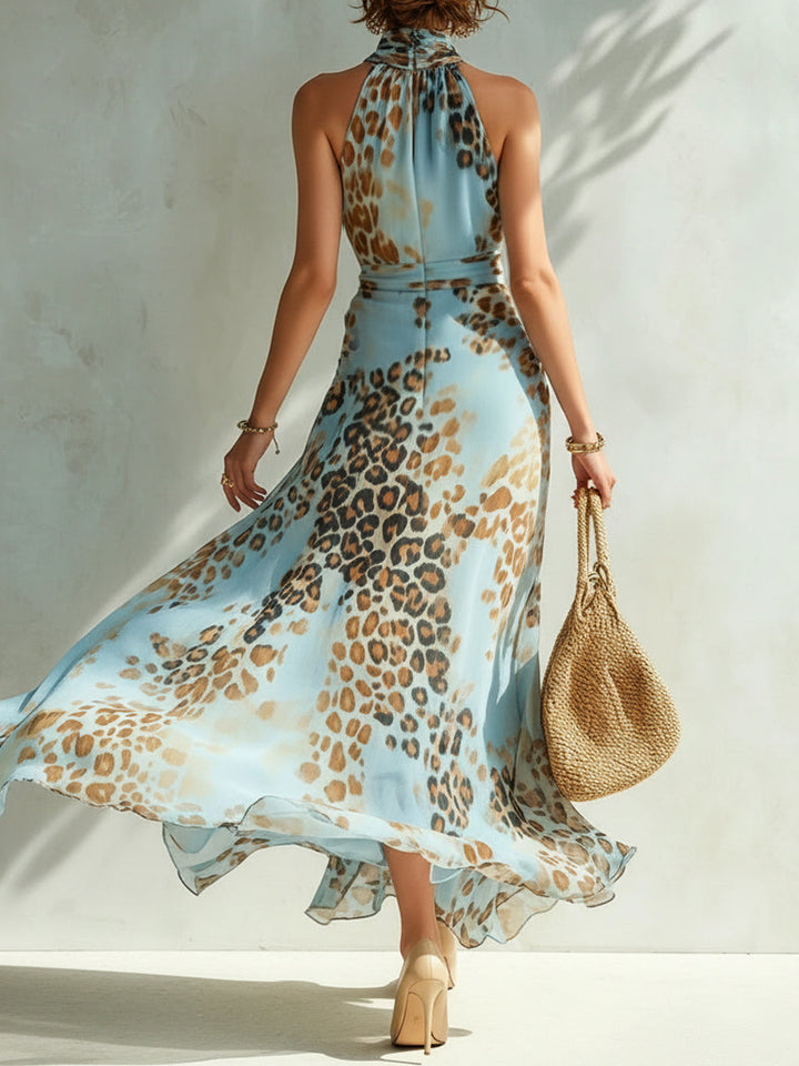 Solenne | Halter-Neck Leopard Print Chiffon Maxi Dress