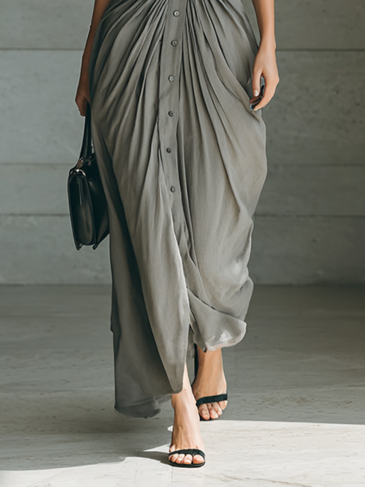 Armelle | Plunge-Collar Ruched Maxi Shirt Dress