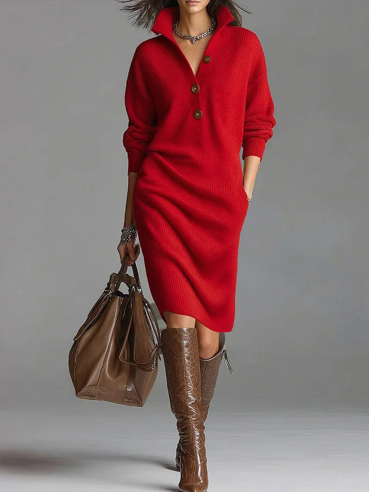 Carine | Oversized Ribbed Knit Polo-Neck Jumper Dress