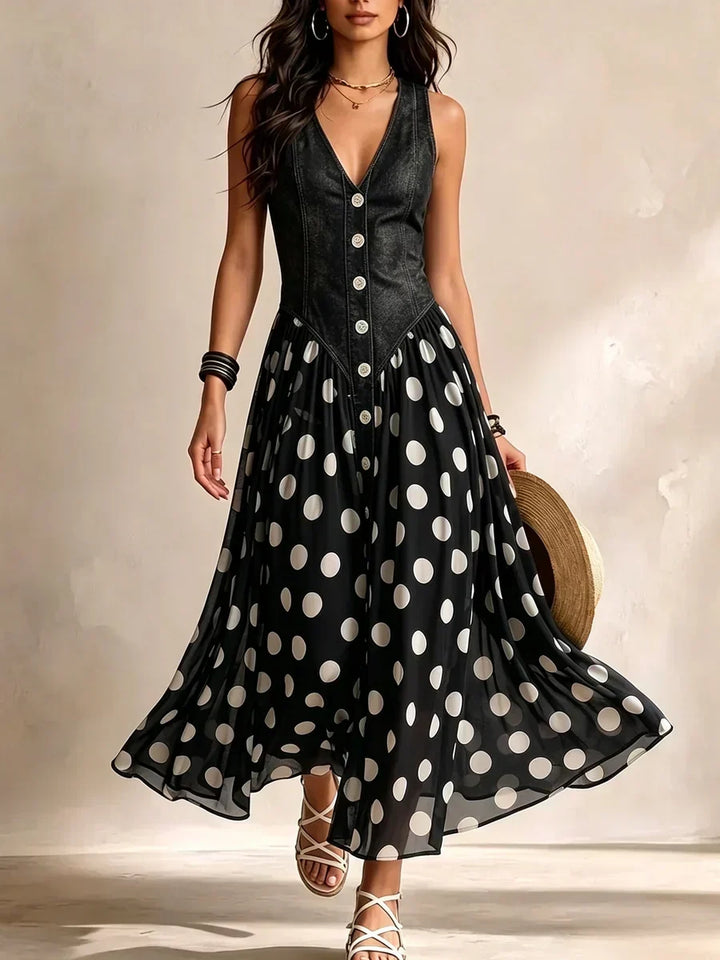 Daphné | V-Neck Denim Bodice Spotted Chiffon Maxi