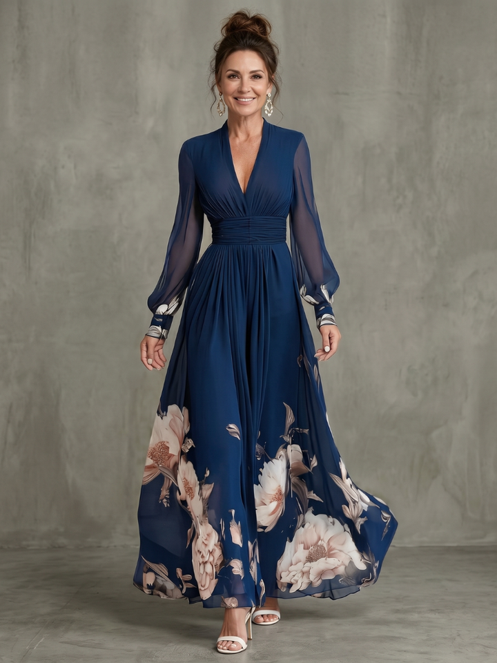 Annelise | Sheer Balloon-Sleeve Floral Hem Maxi Dress