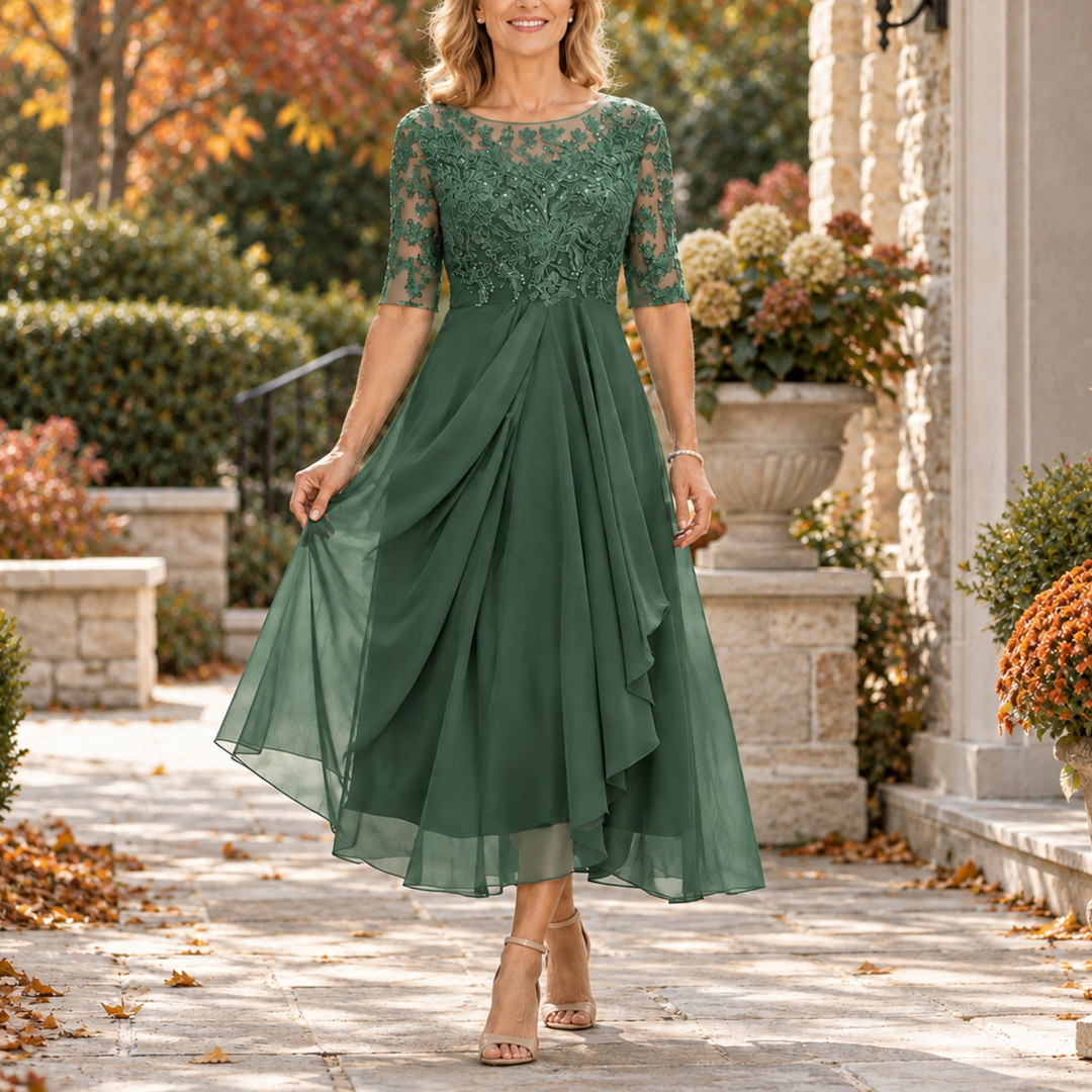 Seraphine | Lace Bodice Draped Midi Dress