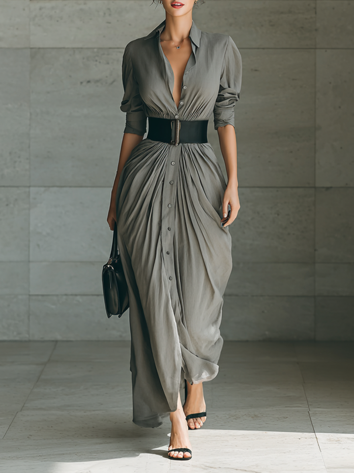 Armelle | Plunge-Collar Ruched Maxi Shirt Dress