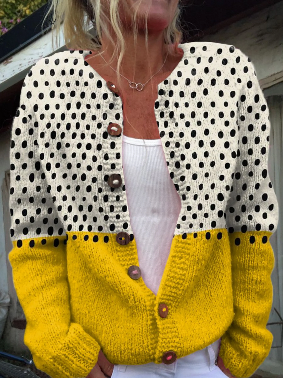 Honey | Polka-Dot Two-Tone Button-Up Cardigan