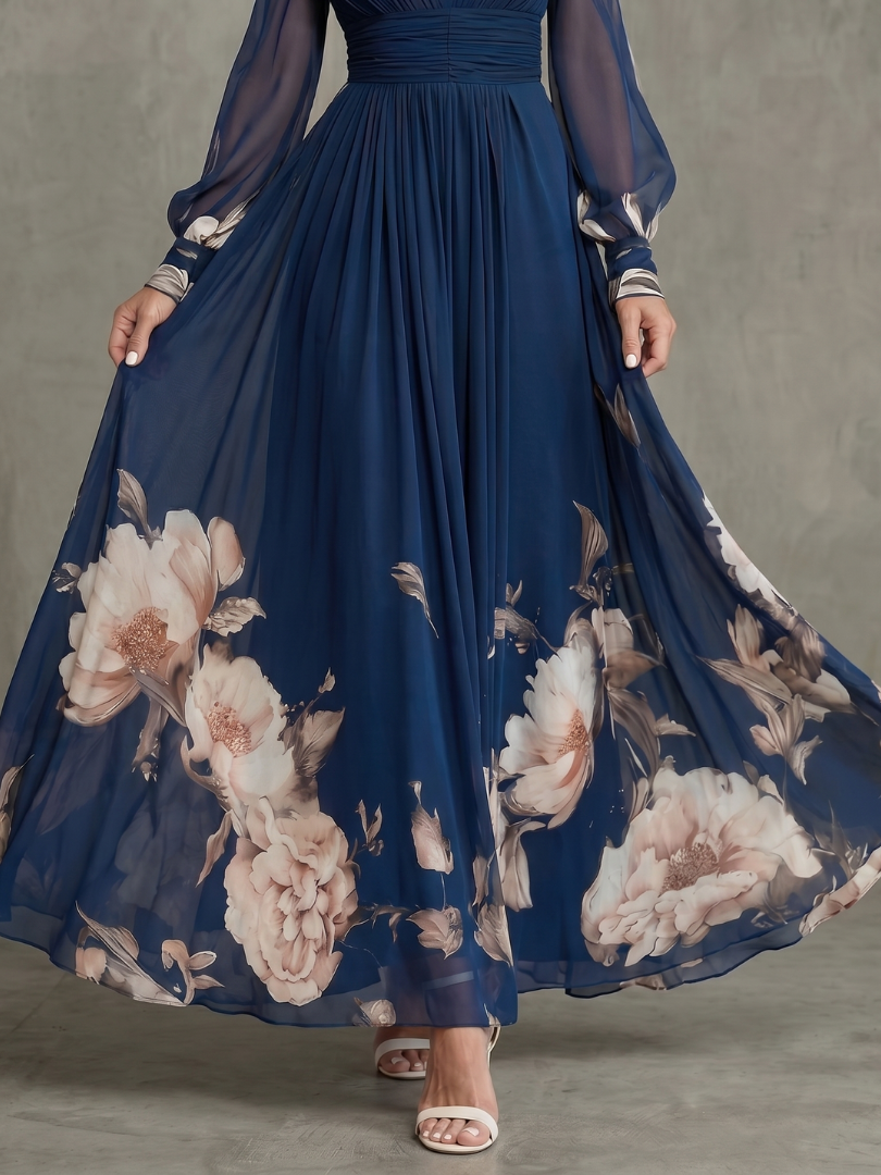 Annelise | Sheer Balloon-Sleeve Floral Hem Maxi Dress