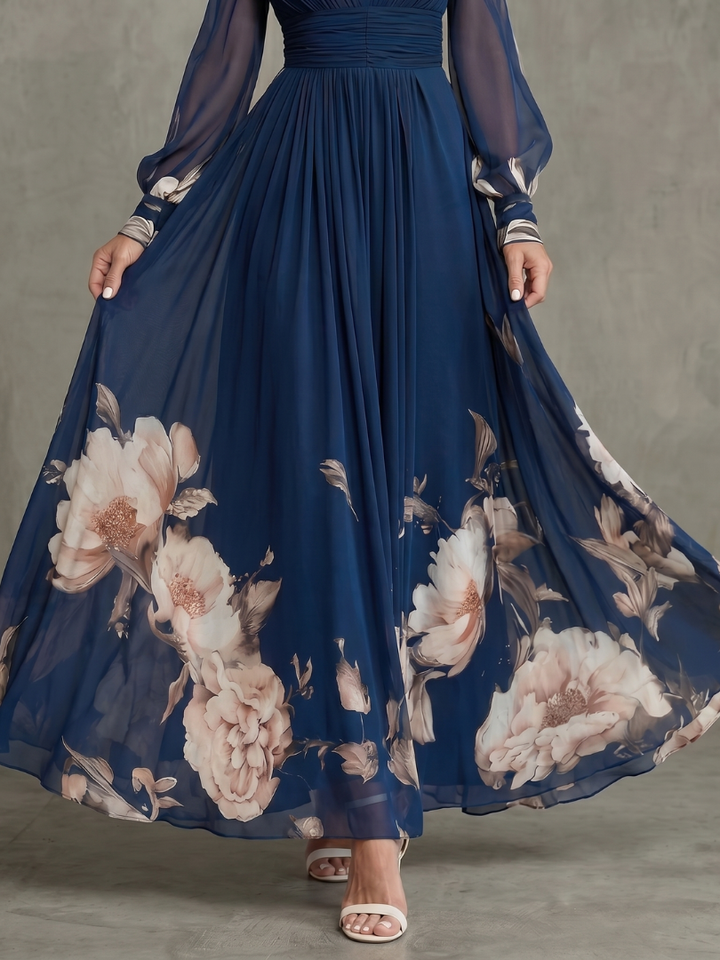 Annelise | Sheer Balloon-Sleeve Floral Hem Maxi Dress