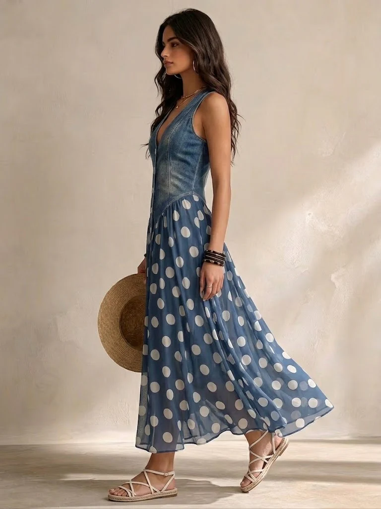Daphné | V-Neck Denim Bodice Spotted Chiffon Maxi