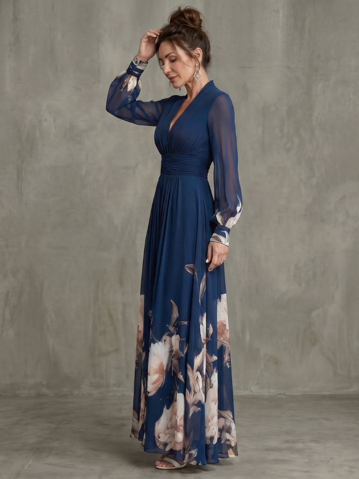 Annelise | Sheer Balloon-Sleeve Floral Hem Maxi Dress