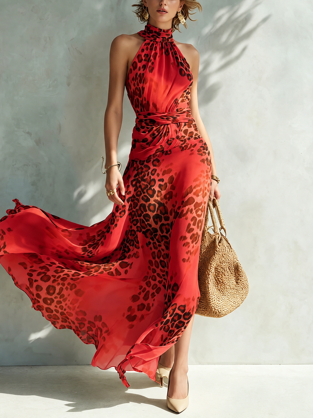 Solenne | Halter-Neck Leopard Print Chiffon Maxi Dress