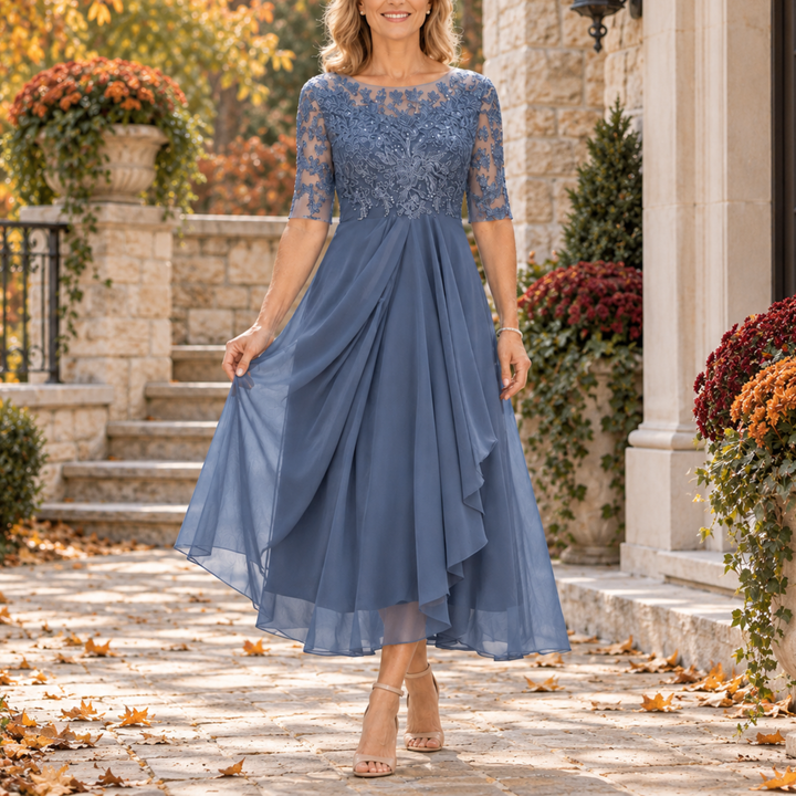 Seraphine | Lace Bodice Draped Midi Dress