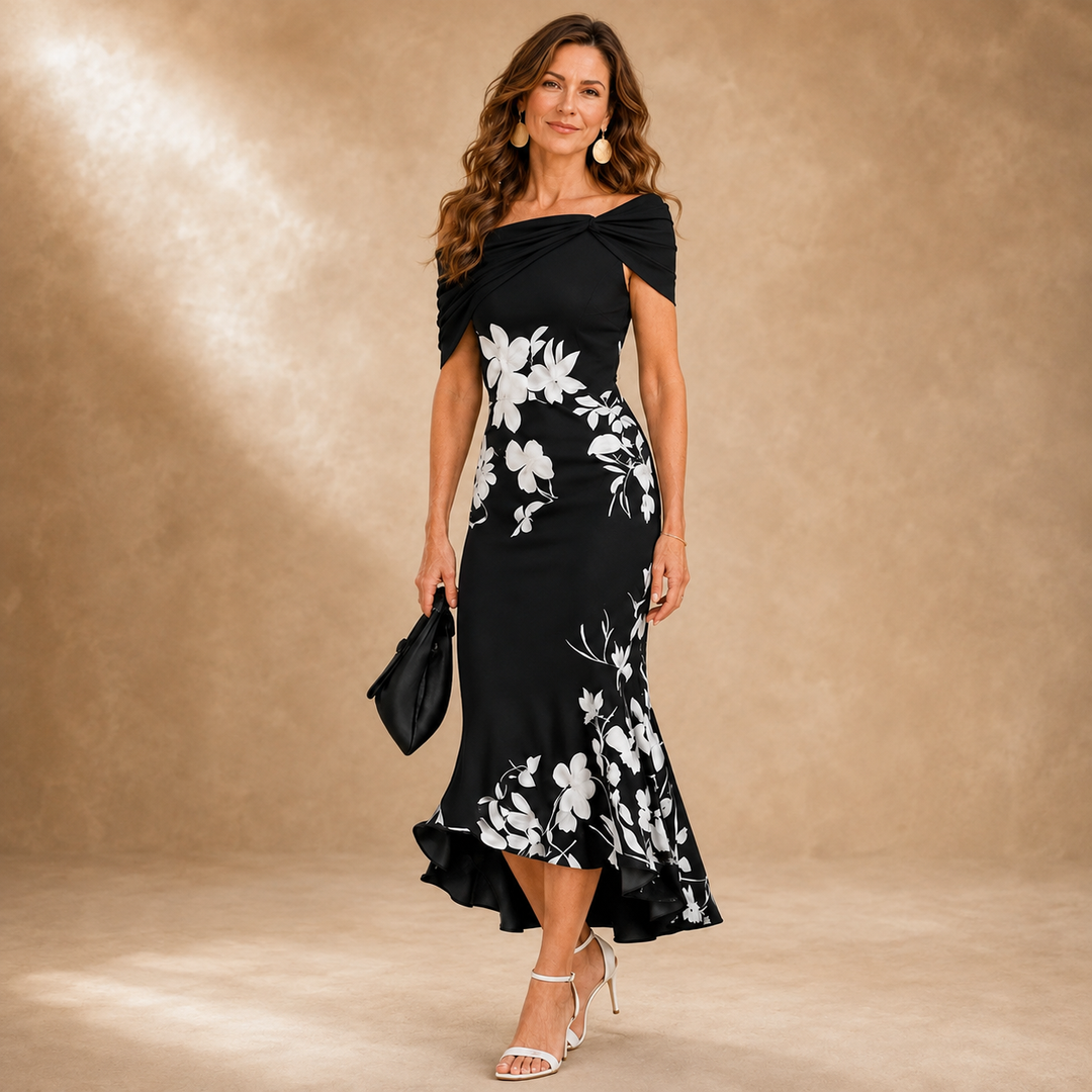 Gardenia | Green &amp; White Floral Asymmetric Midi Dress