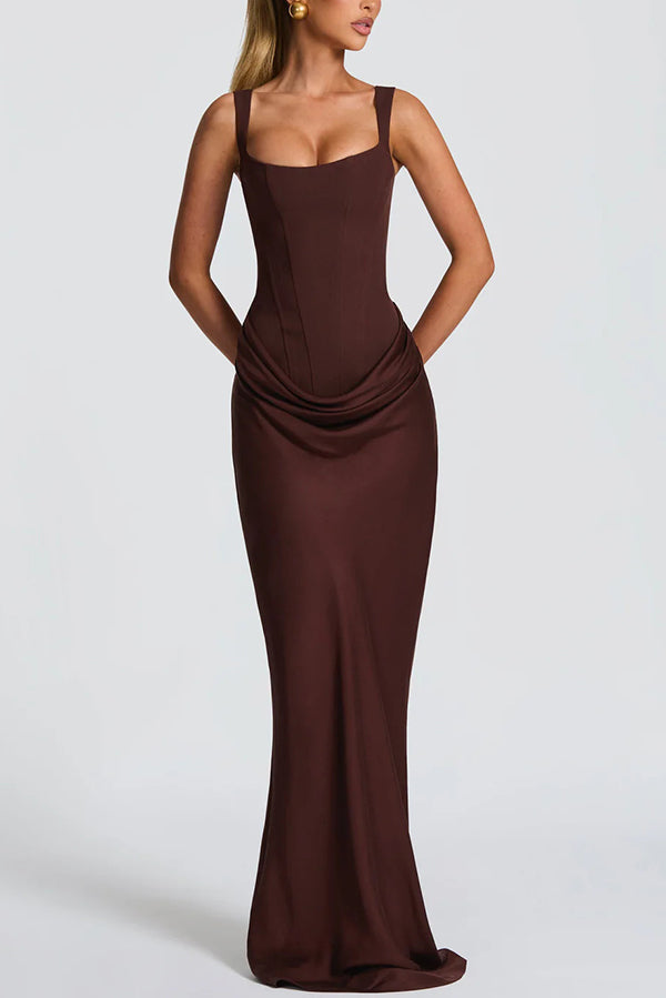 Pecan | Draped-Hip Square-Neck Maxi Dress