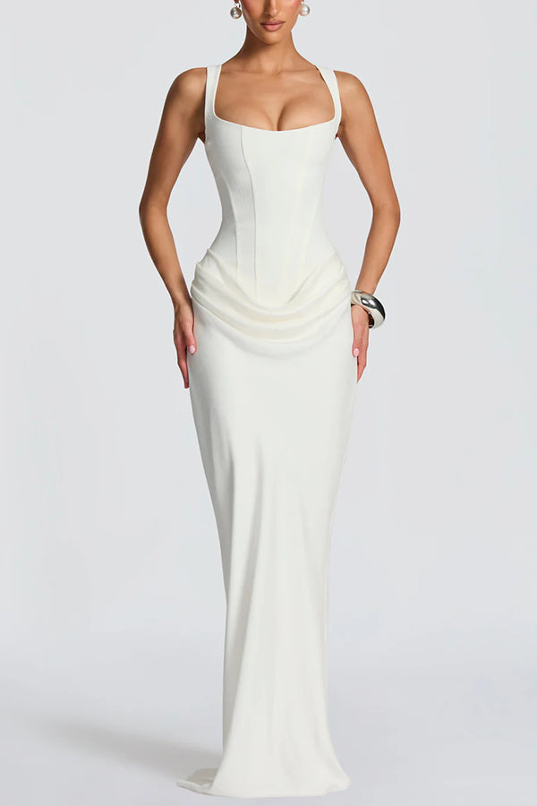 Pecan | Draped-Hip Square-Neck Maxi Dress