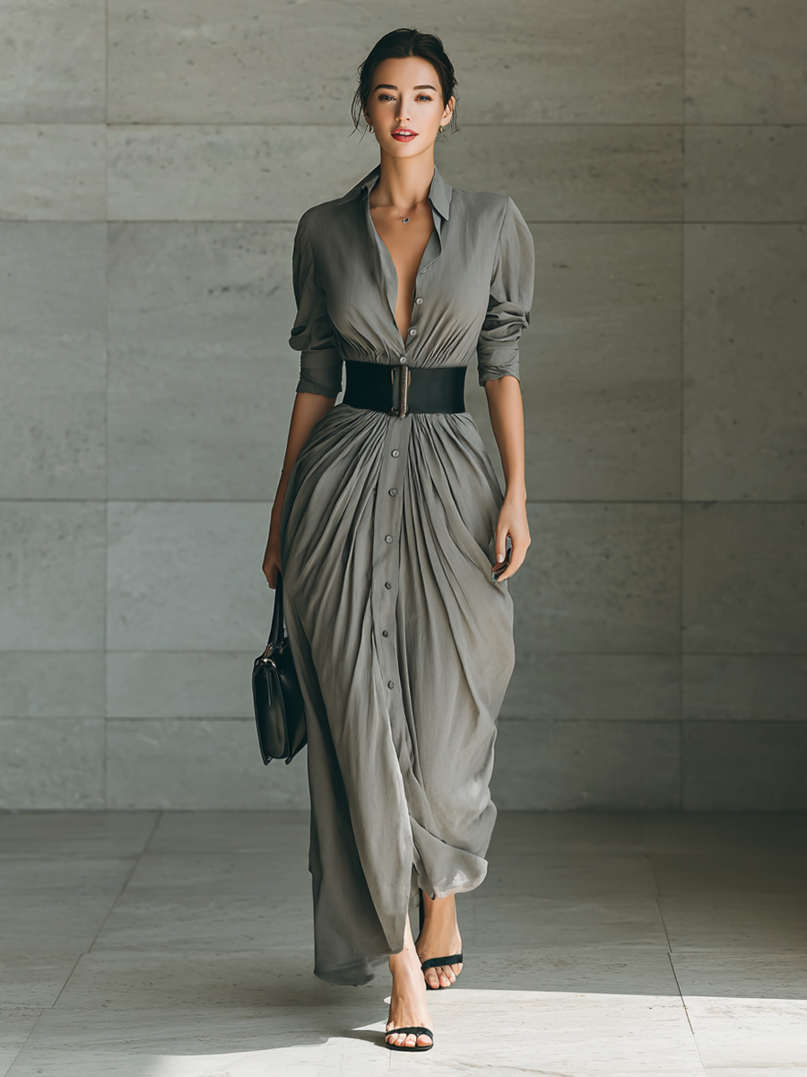 Armelle | Plunge-Collar Ruched Maxi Shirt Dress