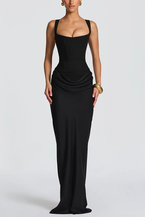 Pecan | Draped-Hip Square-Neck Maxi Dress