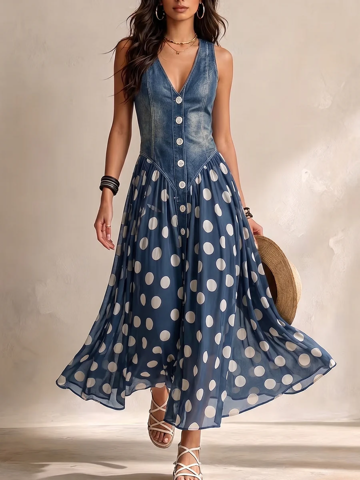 Daphné | V-Neck Denim Bodice Spotted Chiffon Maxi