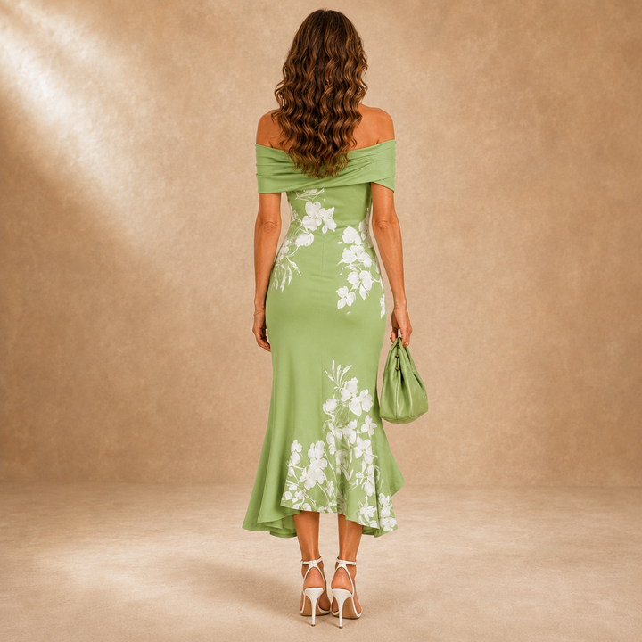 Gardenia | Green &amp; White Floral Asymmetric Midi Dress