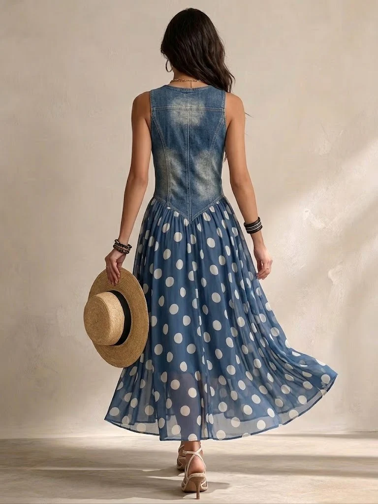 Daphné | V-Neck Denim Bodice Spotted Chiffon Maxi