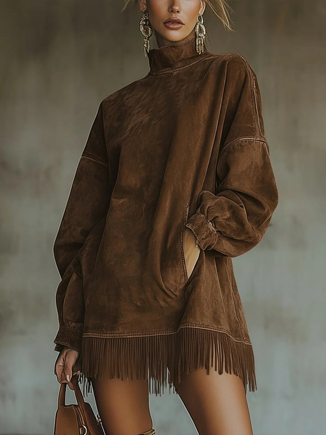 Cassiopée | Fringe-Trim Suedette Balloon-Sleeve Mini Dress