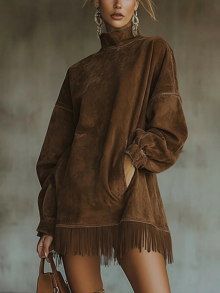 Cassiopée | Fringe-Trim Suedette Balloon-Sleeve Mini Dress