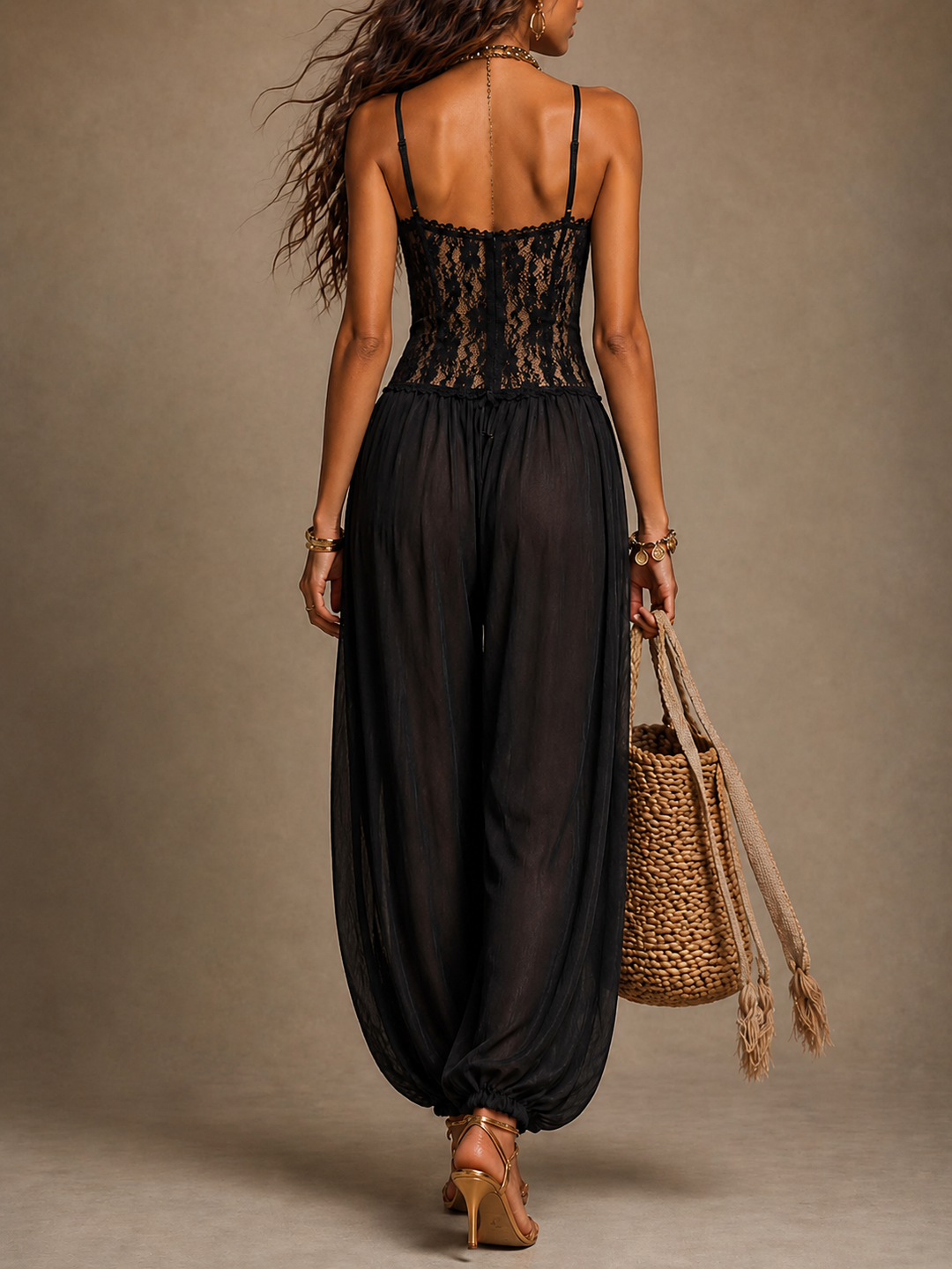Noir | Halter Jumpsuit with Flowing Lace