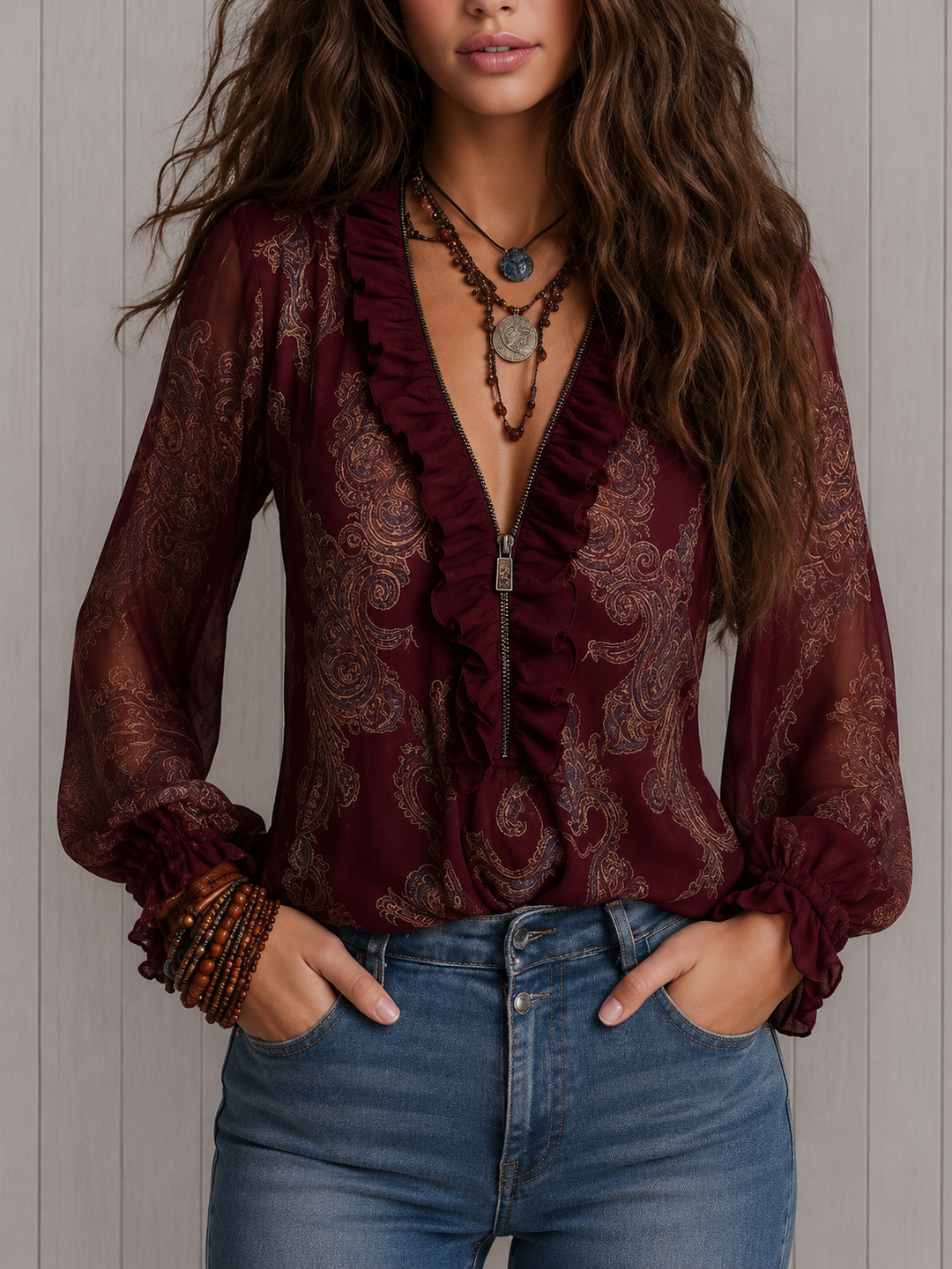 Delaney | Sheer Paisley Zip-Front Ruffle Blouse