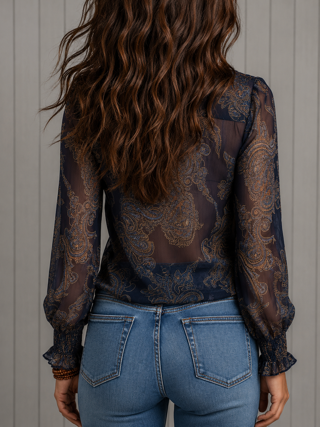 Delaney | Sheer Paisley Zip-Front Ruffle Blouse