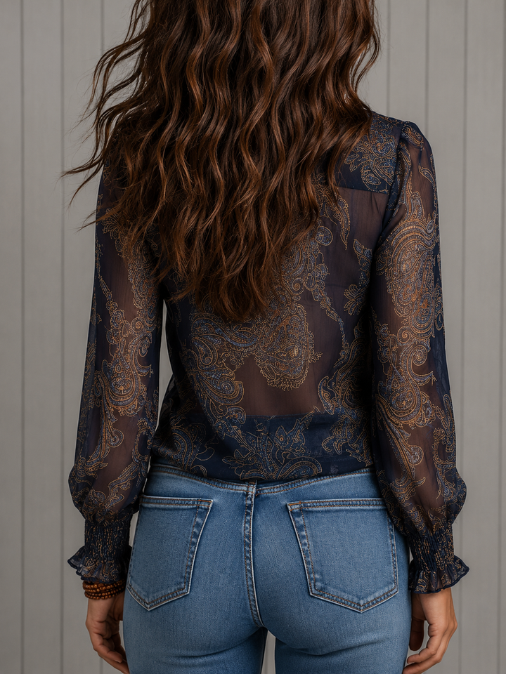 Delaney | Sheer Paisley Zip-Front Ruffle Blouse