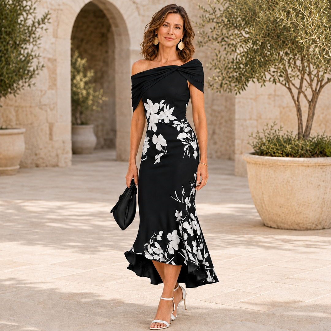 Gardenia | Green &amp; White Floral Asymmetric Midi Dress