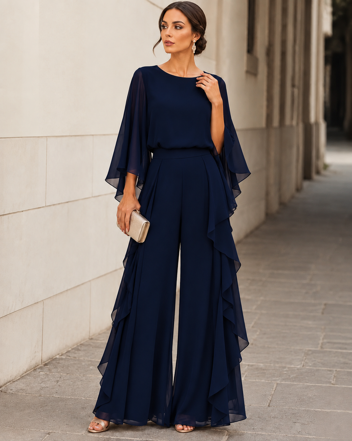 Elvina | Flowing Chiffon Cape-Sleeve Two-Piece Trouser Set