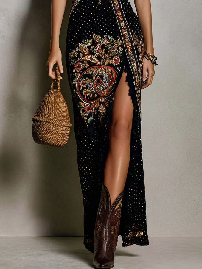 Indigo | Bohemian-Style Printed Dress with Deep V-Neck and High Slit