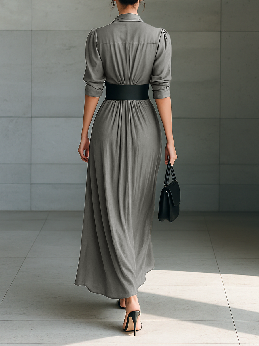 Armelle | Plunge-Collar Ruched Maxi Shirt Dress