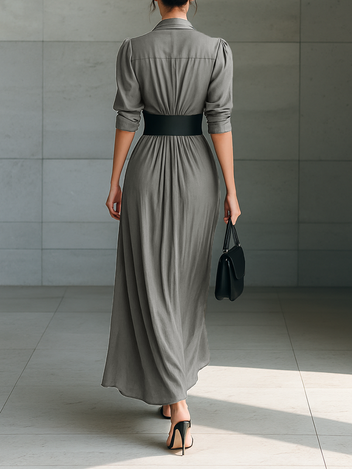 Armelle | Plunge-Collar Ruched Maxi Shirt Dress
