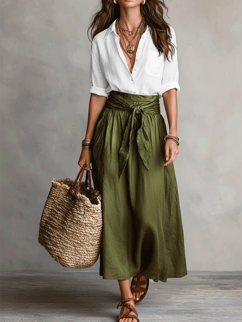 SAHARA | Two-Piece Set: Black Top and Olive Green Midi Skirt