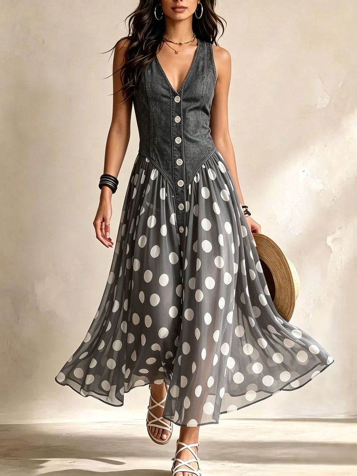 Daphné | V-Neck Denim Bodice Spotted Chiffon Maxi