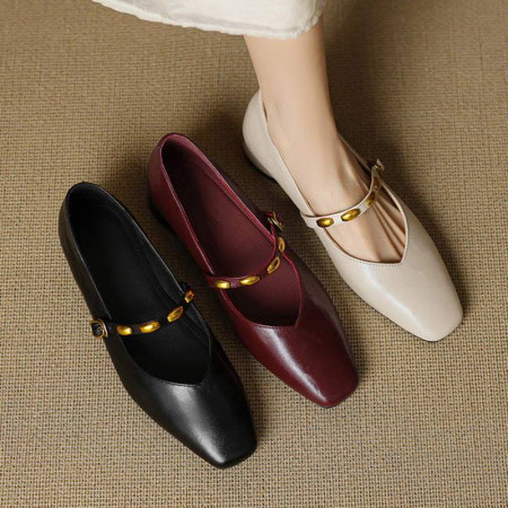Greta | Gold-Stud Strap Square-Toe Mary Jane Flats