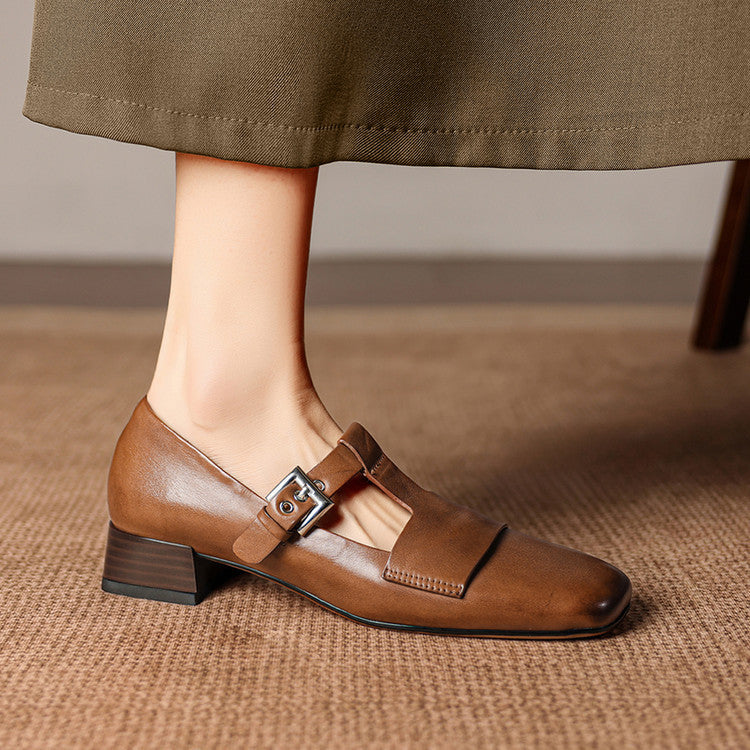 Flora | Square-Toe T-Bar Block-Heel Shoes