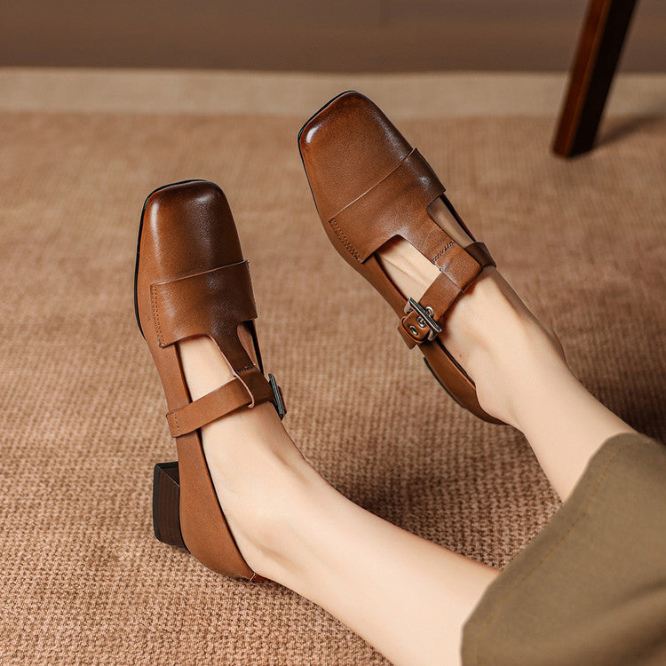 Flora | Square-Toe T-Bar Block-Heel Shoes