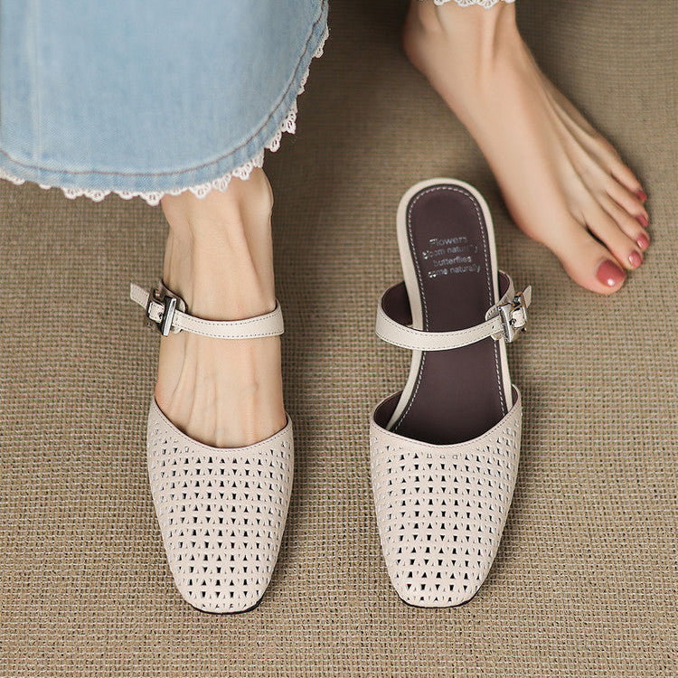 Fenella | Cut-Out Buckle-Strap Block-Heel Mules