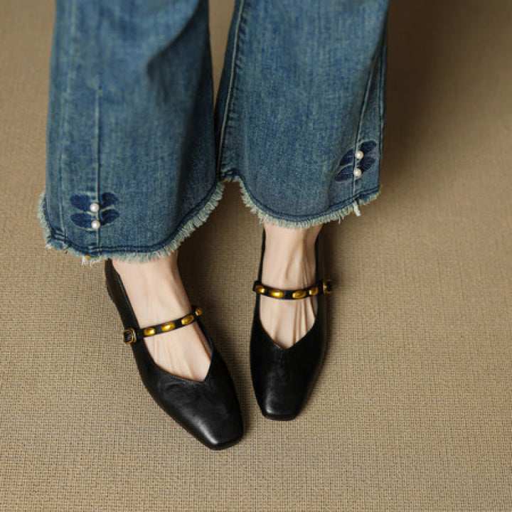 Greta | Gold-Stud Strap Square-Toe Mary Jane Flats
