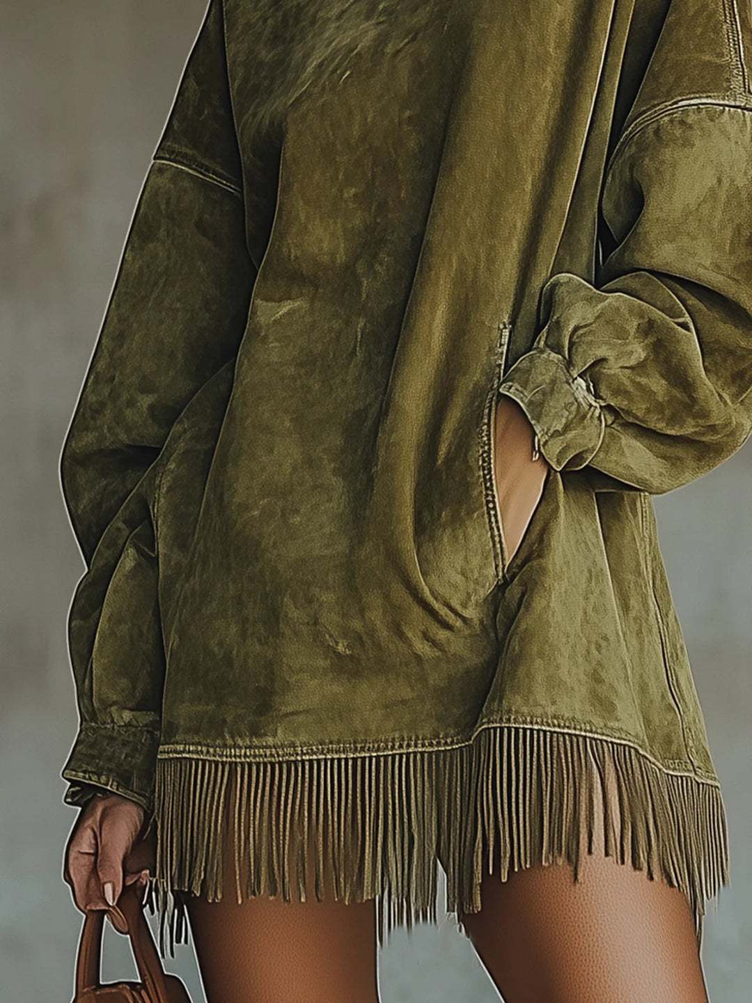 Cassiopée | Fringe-Trim Suedette Balloon-Sleeve Mini Dress