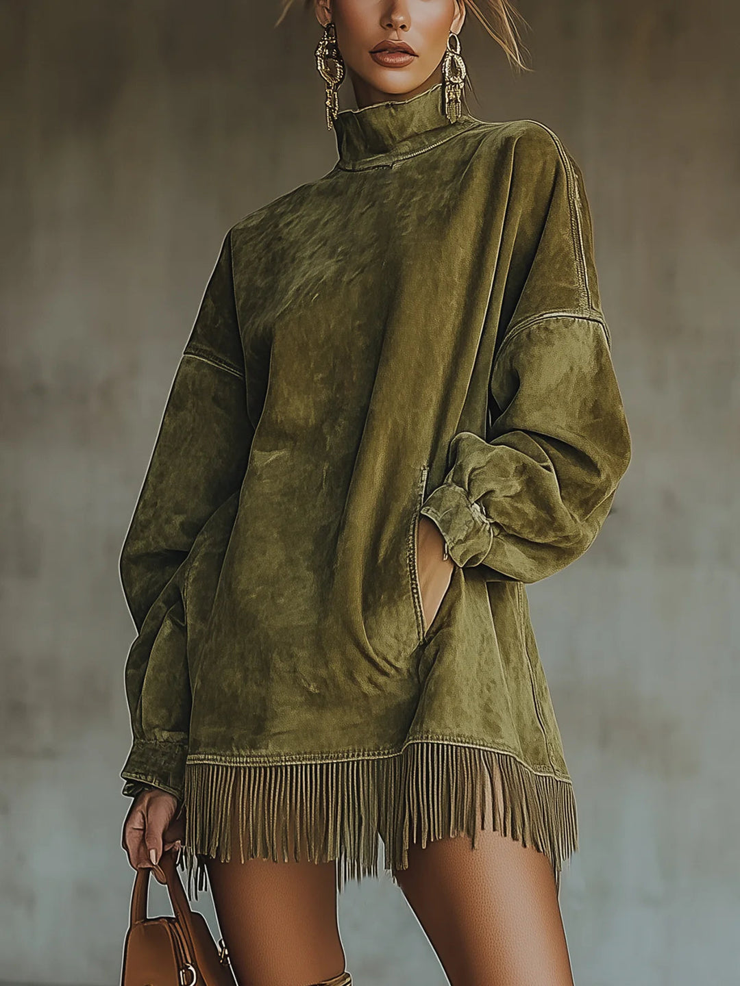 Cassiopée | Fringe-Trim Suedette Balloon-Sleeve Mini Dress