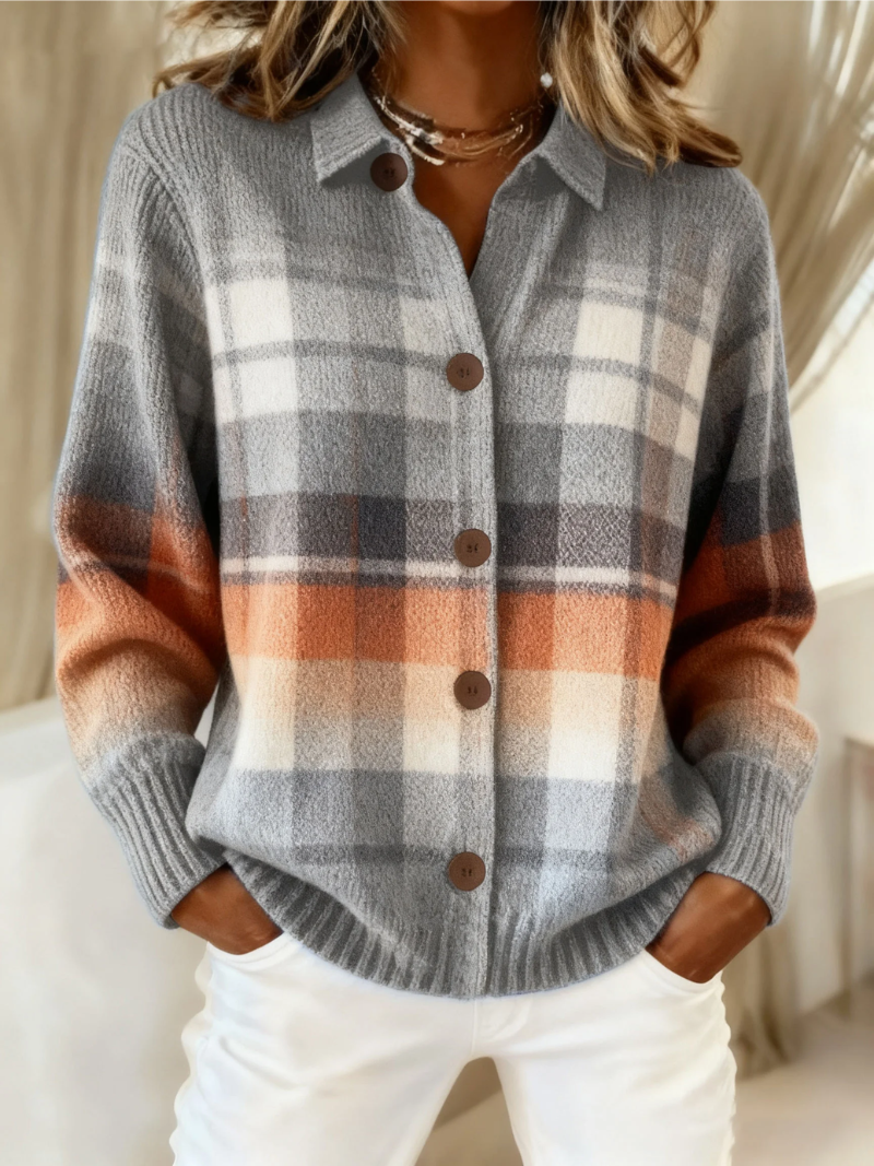 Sorrel | Warm Ombré Plaid Shirt-Collar Cardigan