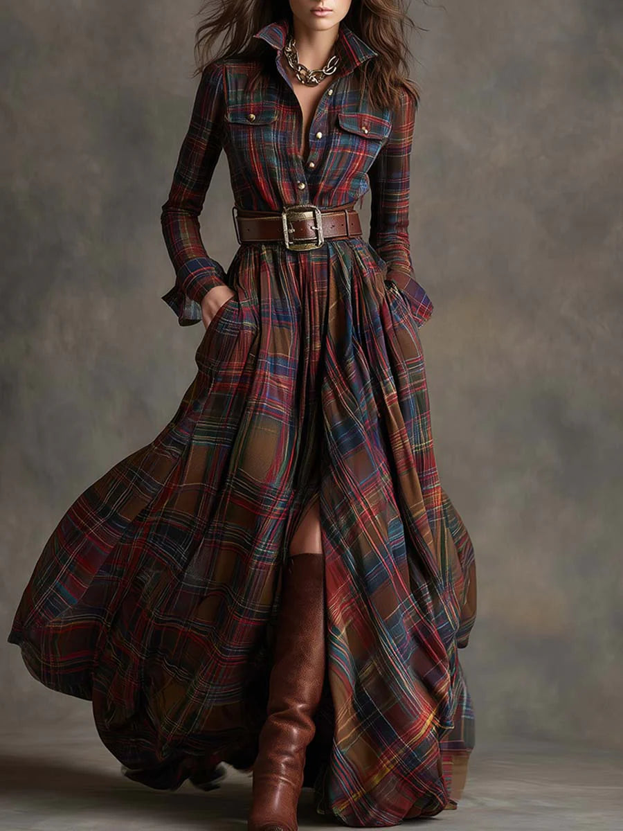 Adélaïde | Belted Plaid Western Maxi Shirt Dress