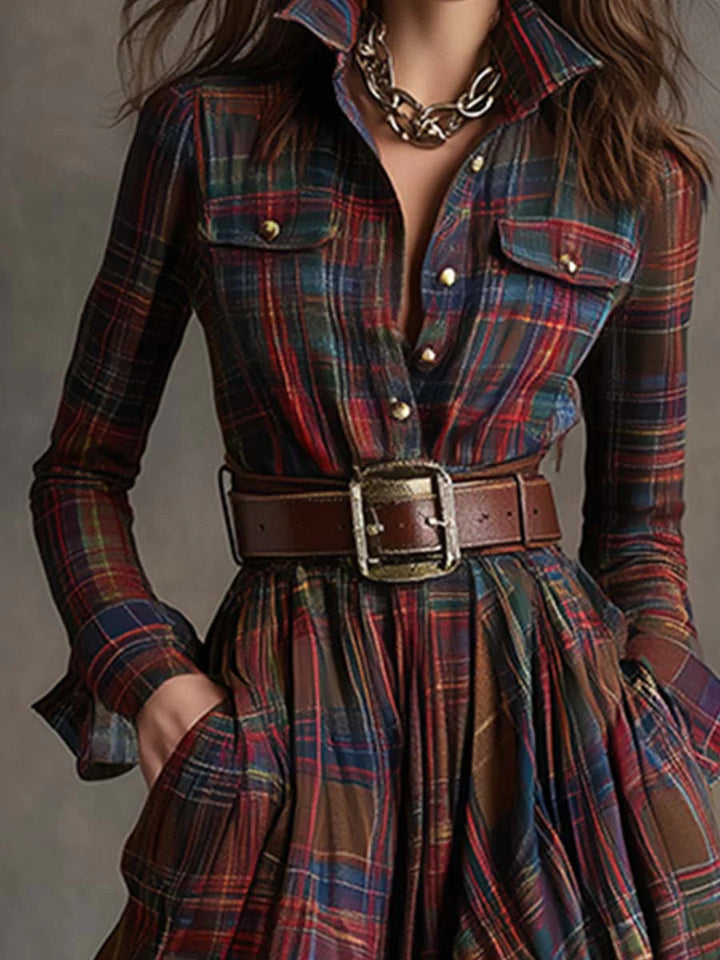 Adélaïde | Belted Plaid Western Maxi Shirt Dress