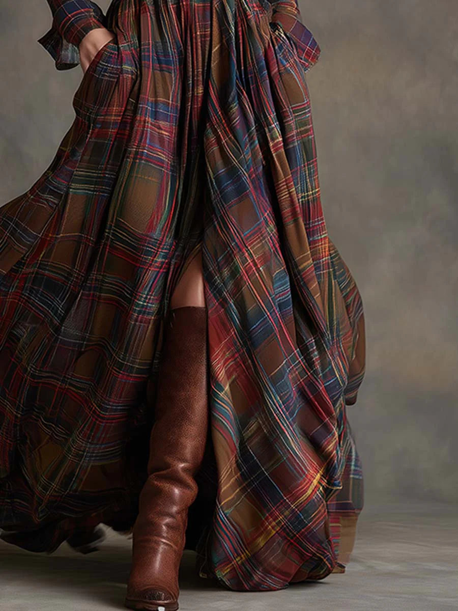 Adélaïde | Belted Plaid Western Maxi Shirt Dress
