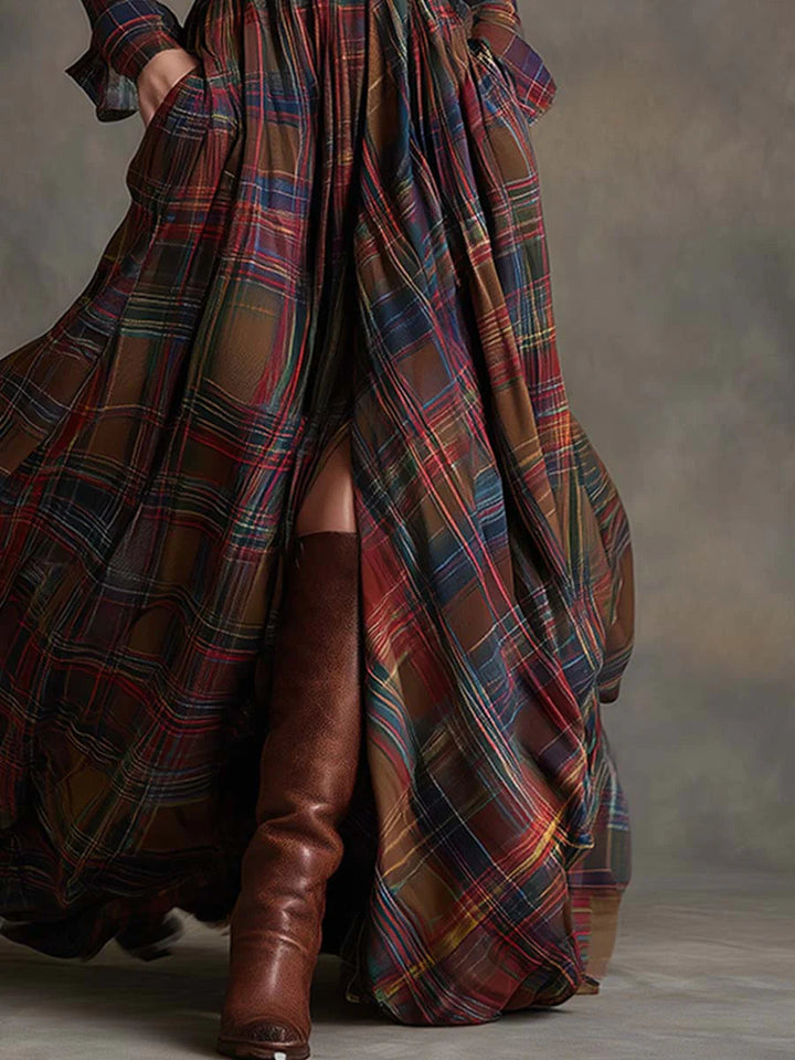 Adélaïde | Belted Plaid Western Maxi Shirt Dress