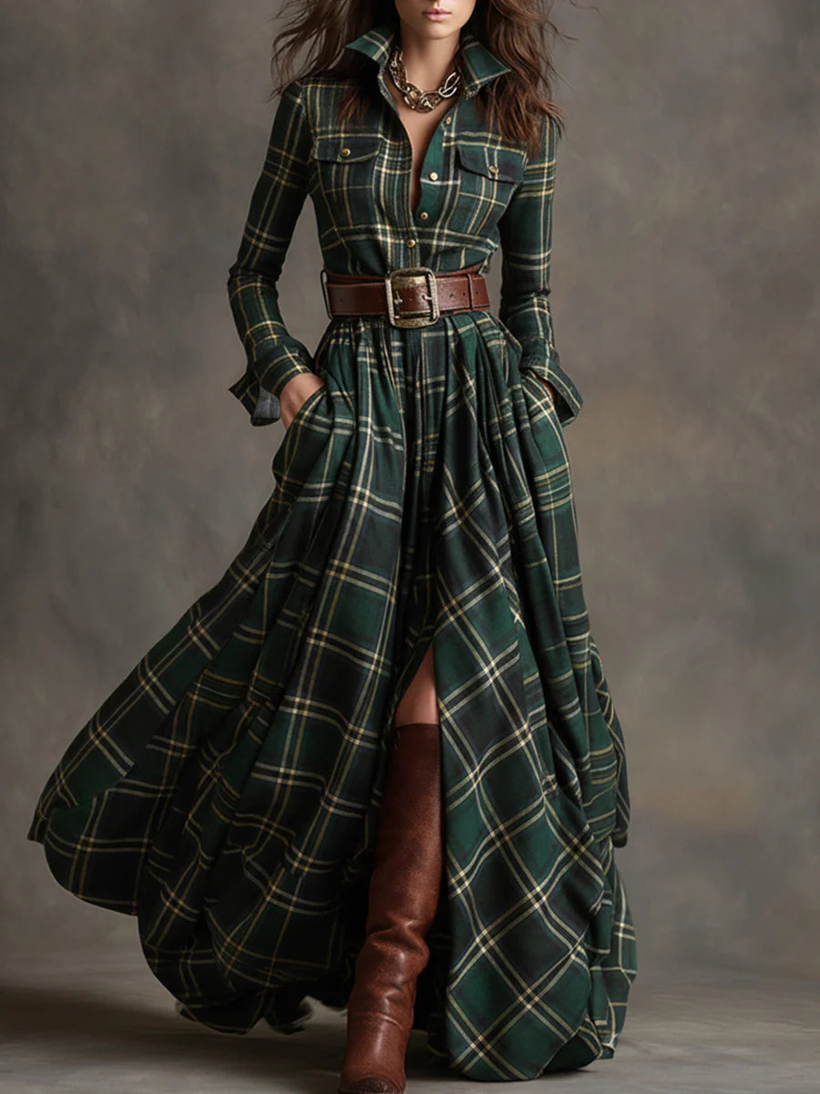 Adélaïde | Belted Plaid Western Maxi Shirt Dress