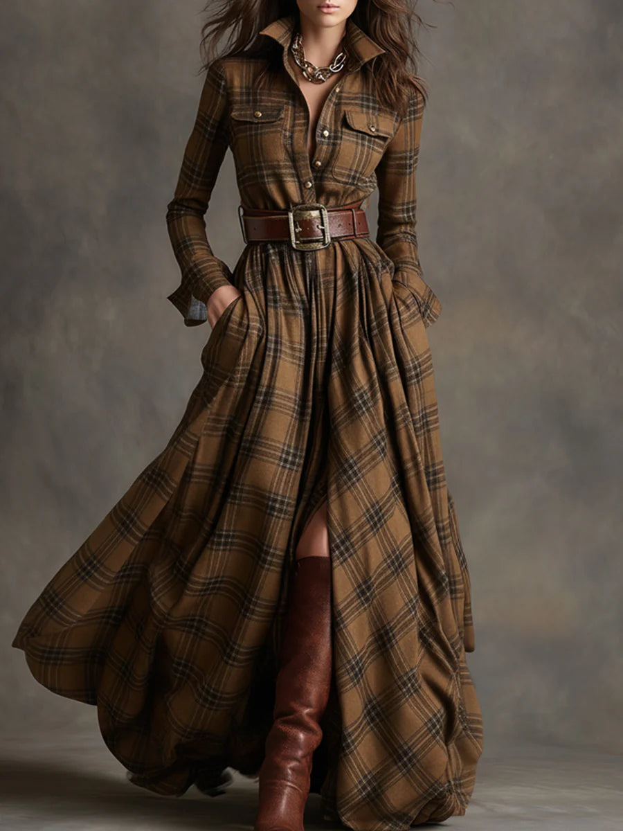 Adélaïde | Belted Plaid Western Maxi Shirt Dress