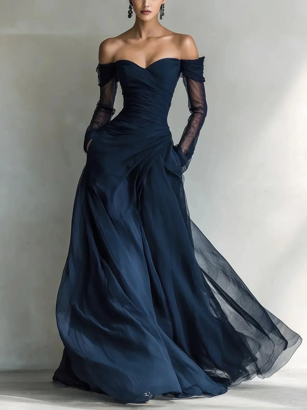 Livia | Off-Shoulder Mesh-Panel Maxi Dress